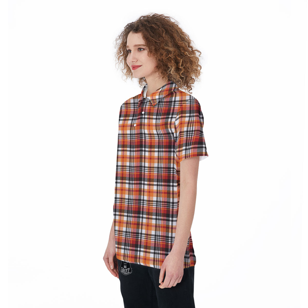 Madras Plaid Black And Orange Print Pattern Women's Golf Shirts-grizzshop