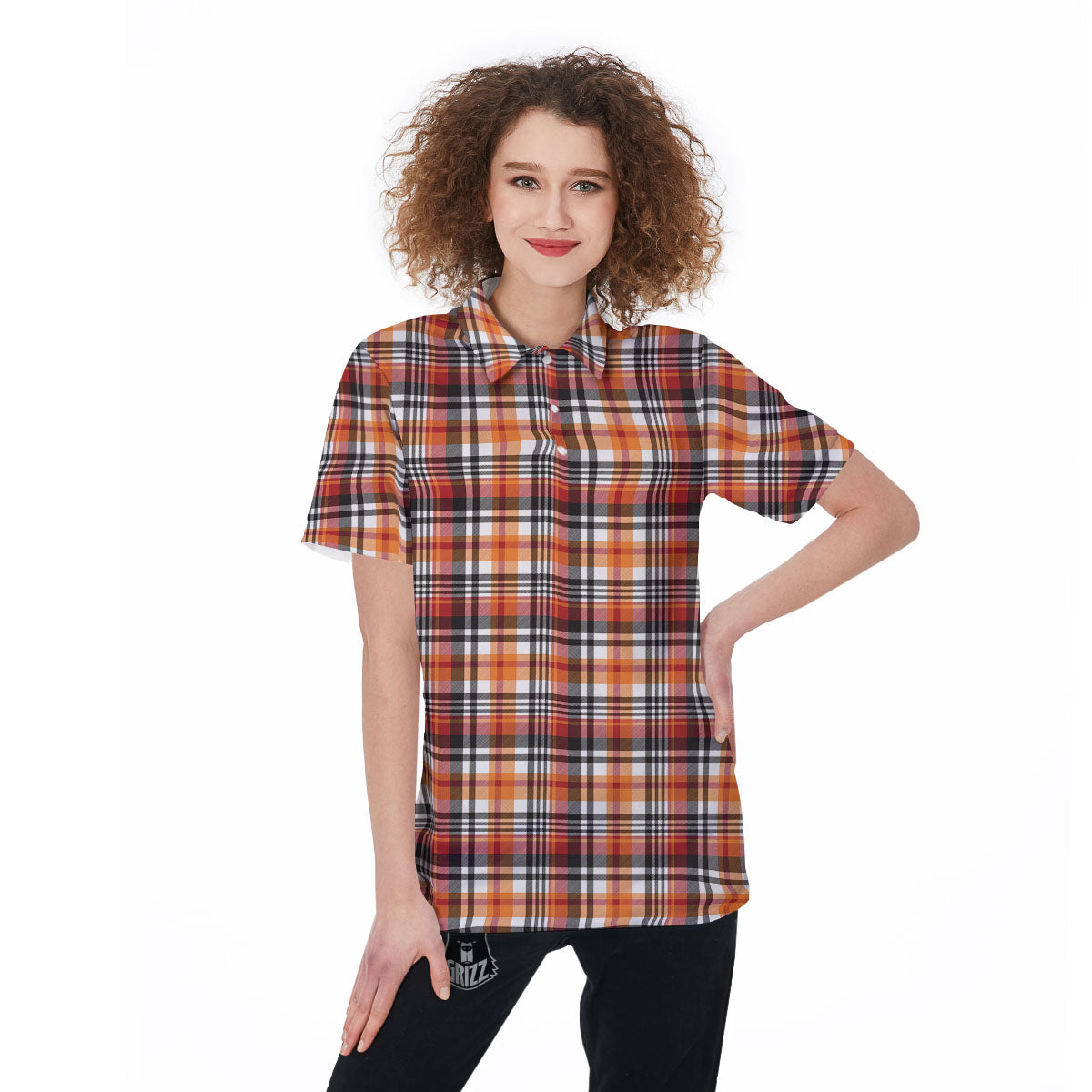 Madras Plaid Black And Orange Print Pattern Women's Golf Shirts-grizzshop