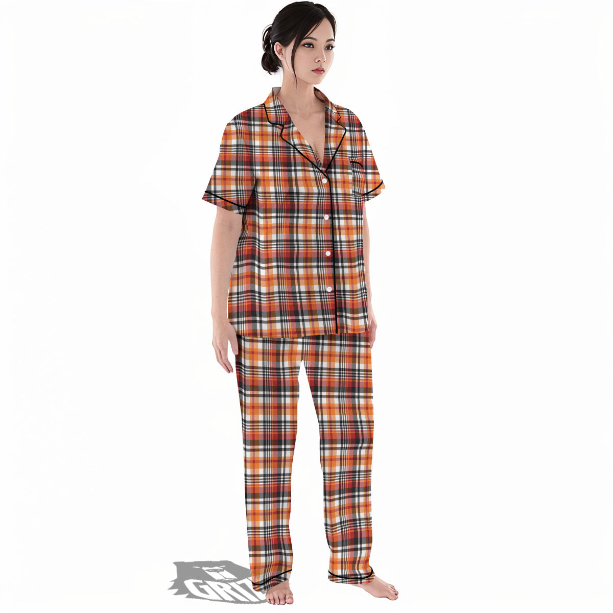 Madras Plaid Black And Orange Print Pattern Women's Pajamas Set-grizzshop