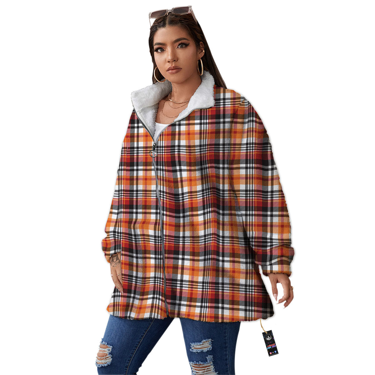Madras Plaid Black And Orange Print Pattern Women's Sherpa Jacket-grizzshop
