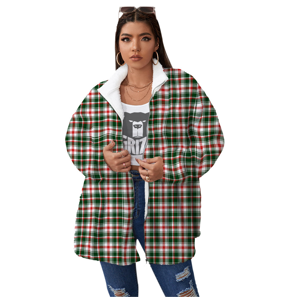 Madras Plaid Christmas Print Women's Sherpa Jacket-grizzshop