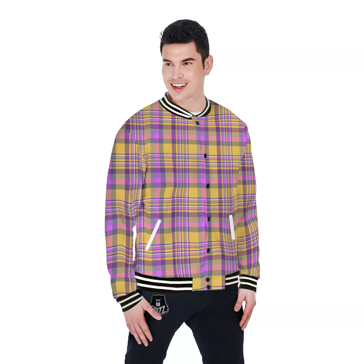 Madras Plaid Orange And Purple Print Pattern Baseball Jacket-grizzshop