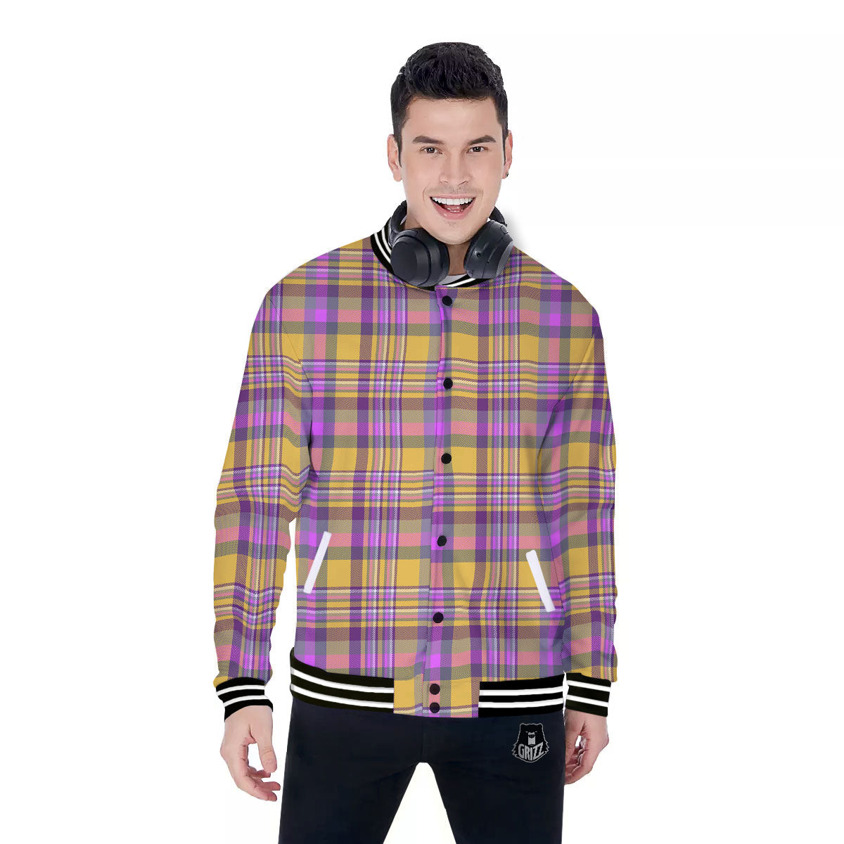 Madras Plaid Orange And Purple Print Pattern Baseball Jacket-grizzshop
