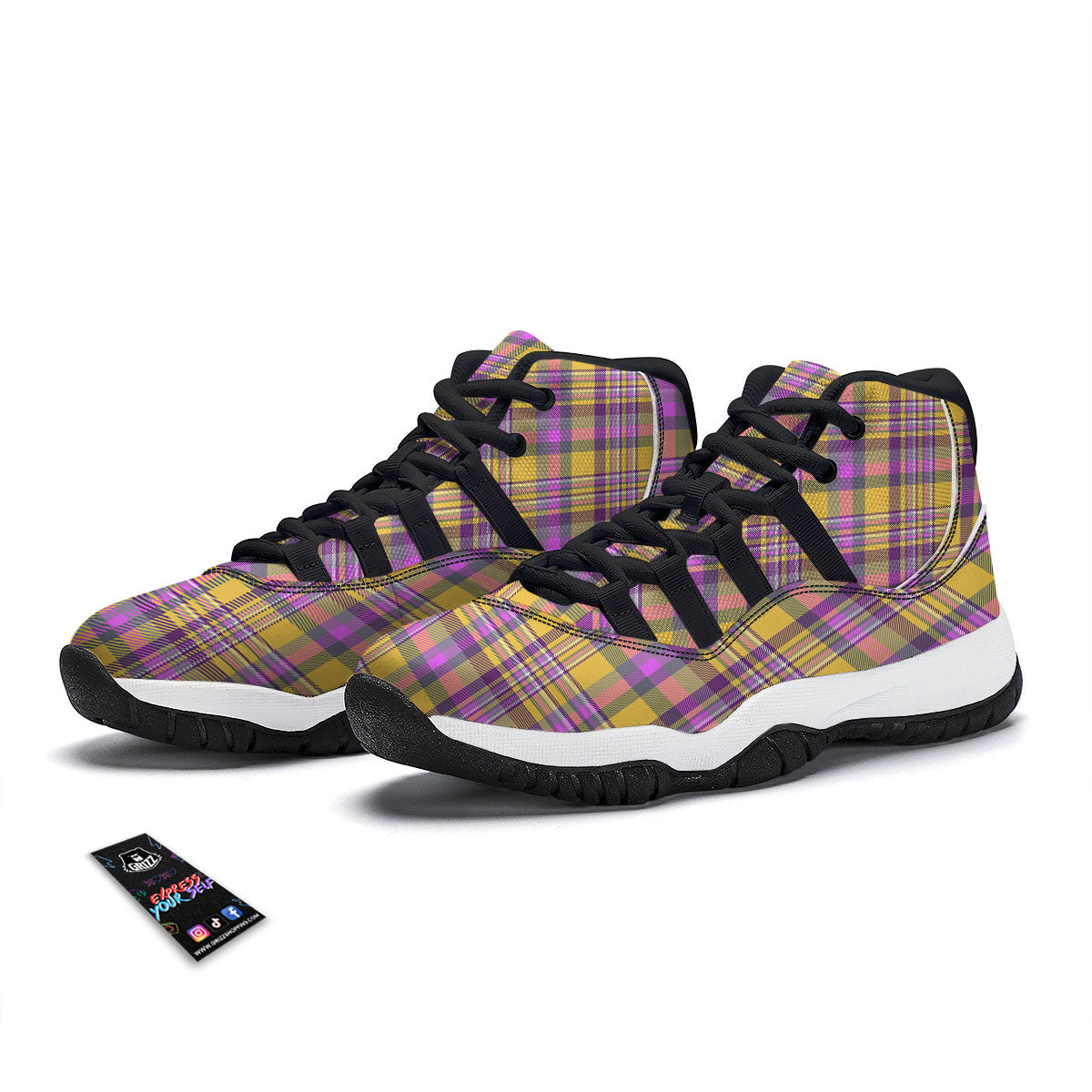 Madras Plaid Orange And Purple Print Pattern Black Bball Shoes-grizzshop