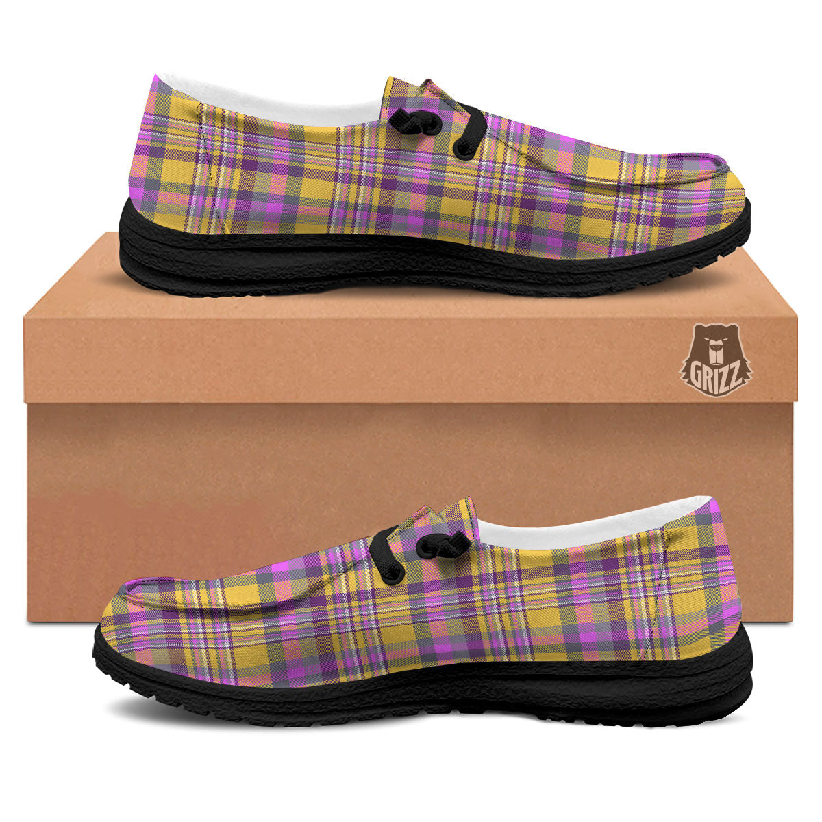 Madras Plaid Orange And Purple Print Pattern Black Loafers-grizzshop