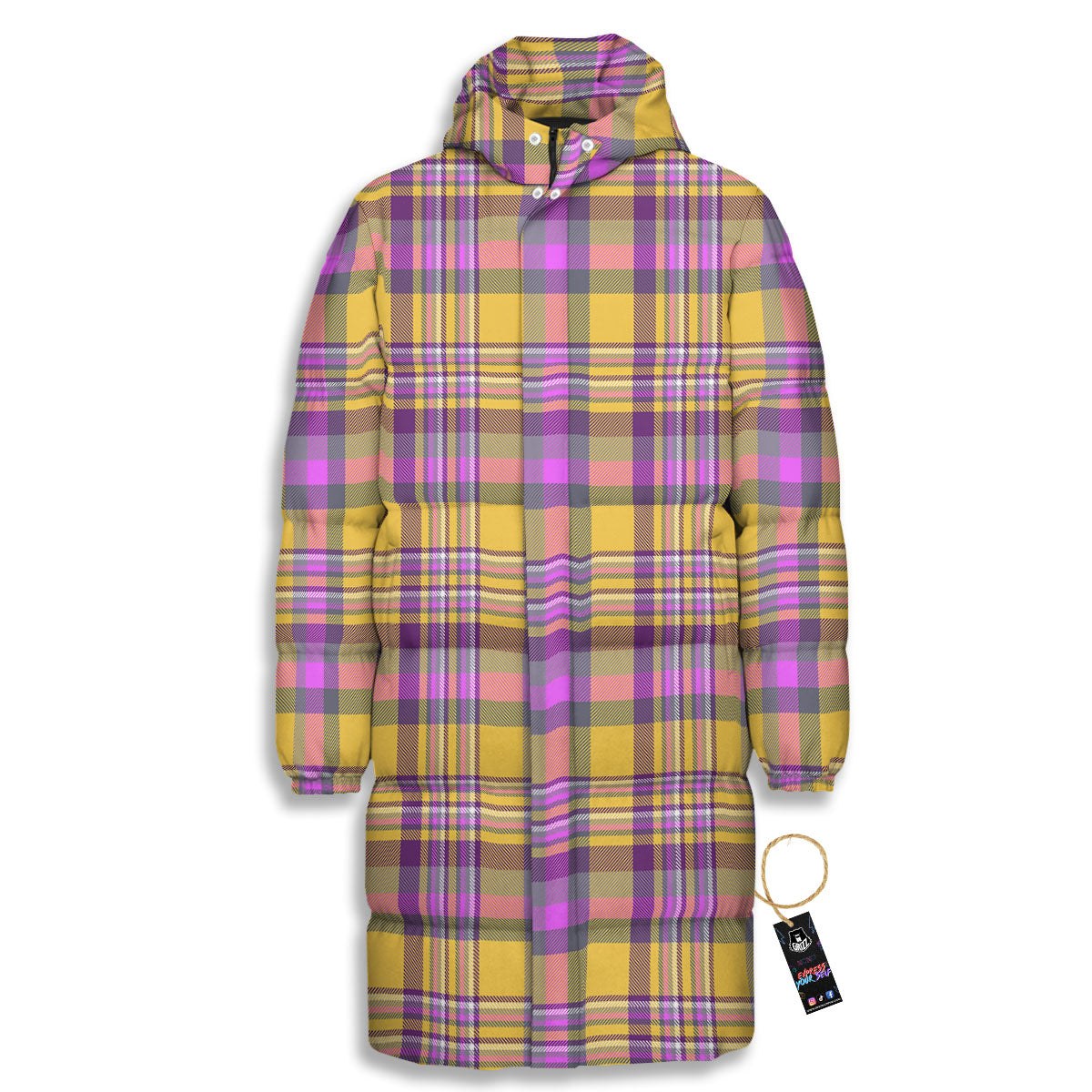 Madras Plaid Orange And Purple Print Pattern Long Down Jacket-grizzshop