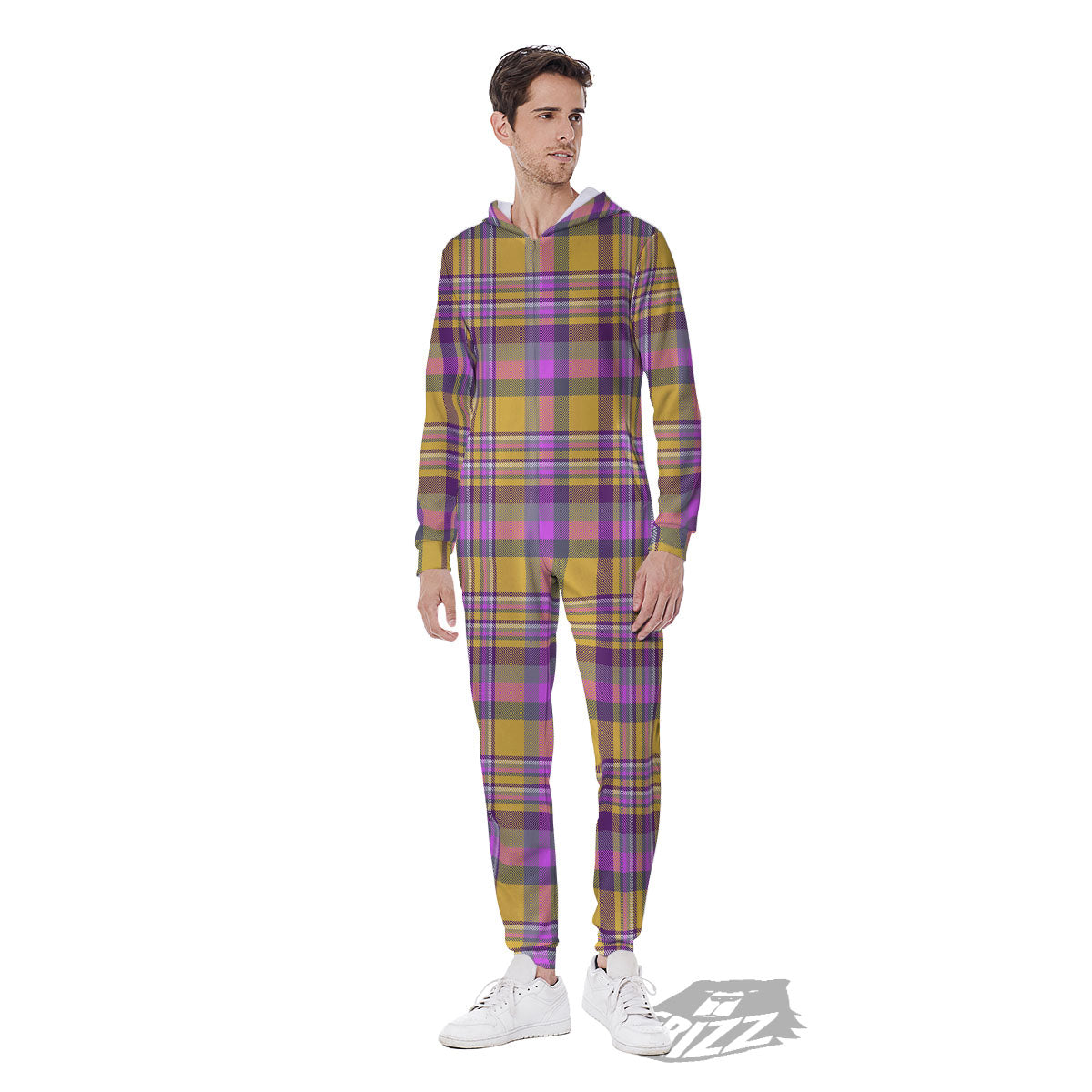 Madras Plaid Orange And Purple Print Pattern Men's Jumpsuit-grizzshop