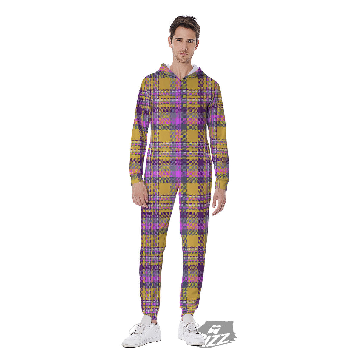 Madras Plaid Orange And Purple Print Pattern Men's Jumpsuit-grizzshop