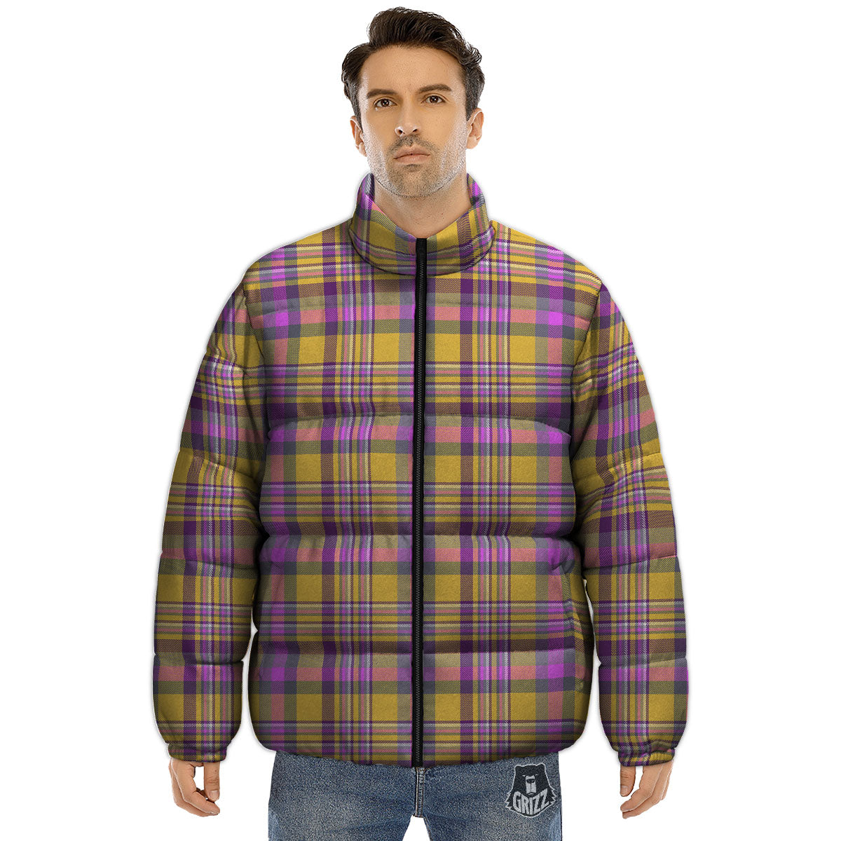 Madras Plaid Orange And Purple Print Pattern Puffer Jacket-grizzshop