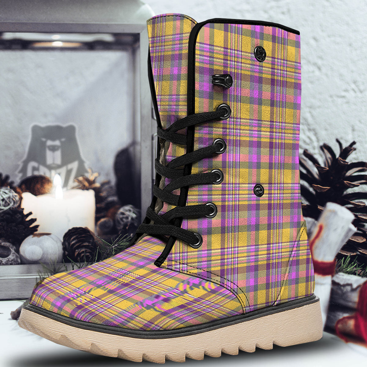 Madras Plaid Orange And Purple Print Pattern Snow Boots-grizzshop
