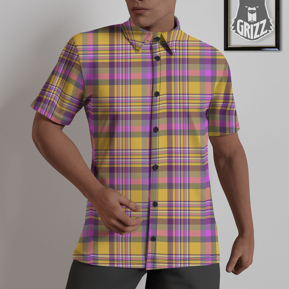 Madras Plaid Orange And Purple Print Pattern Untucked Shirts-grizzshop