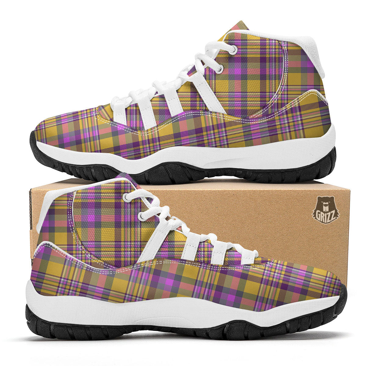 Madras Plaid Orange And Purple Print Pattern White Bball Shoes-grizzshop