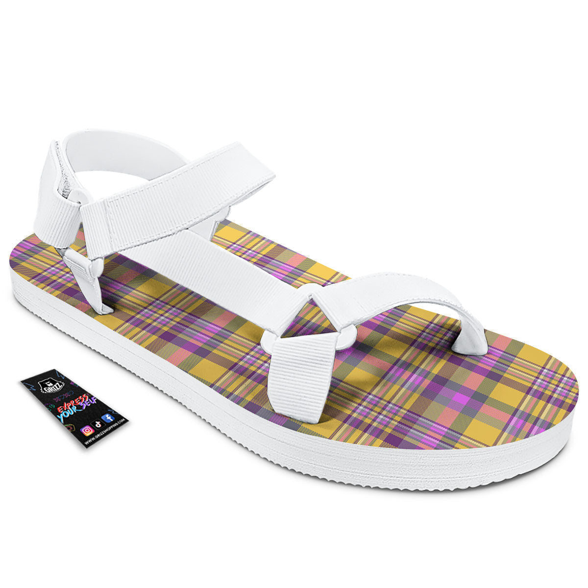 Madras Plaid Orange And Purple Print Pattern White Open Toe Sandals-grizzshop