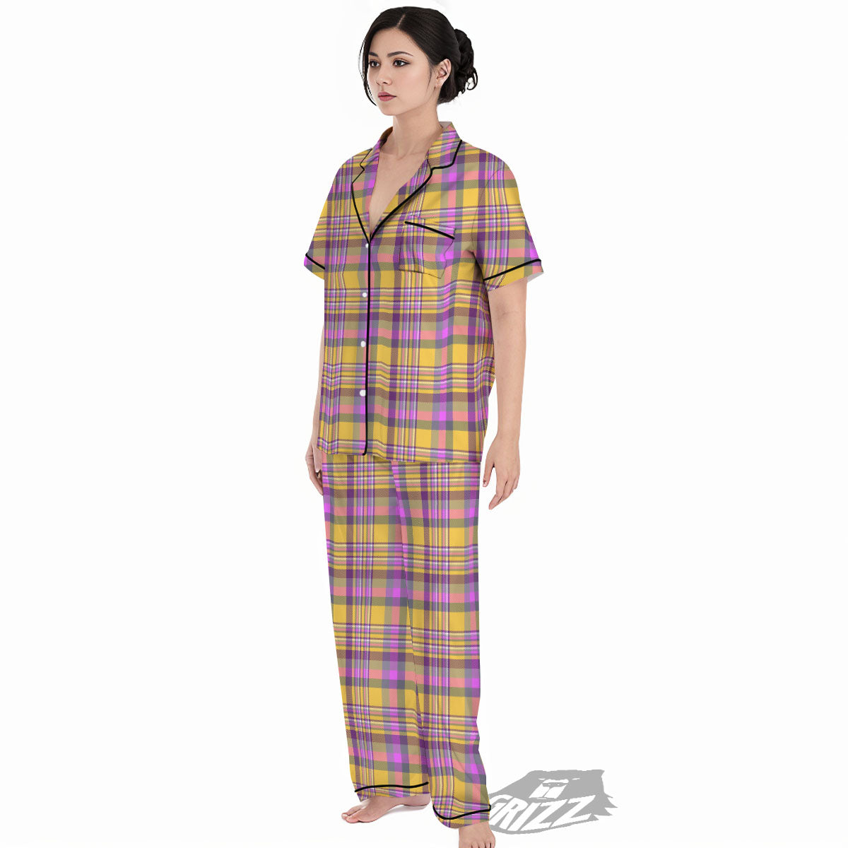 Madras Plaid Orange And Purple Print Pattern Women's Pajamas Set-grizzshop
