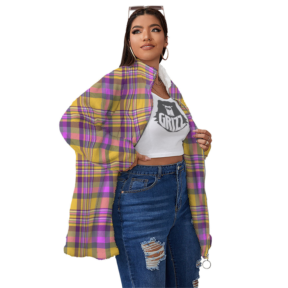 Madras Plaid Orange And Purple Print Pattern Women's Sherpa Jacket-grizzshop