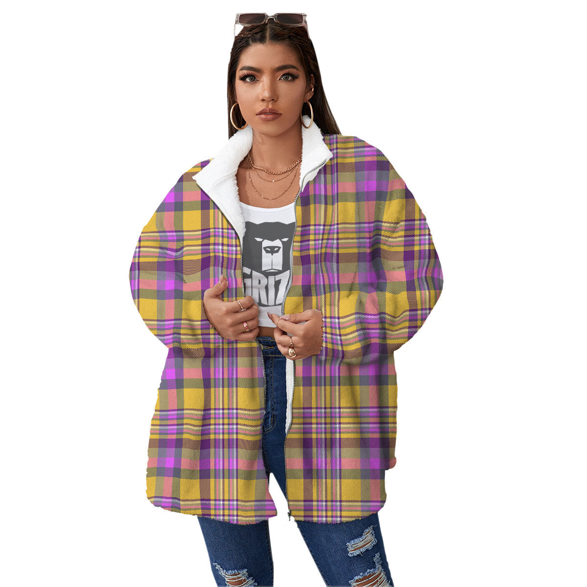 Madras Plaid Orange And Purple Print Pattern Women's Sherpa Jacket-grizzshop
