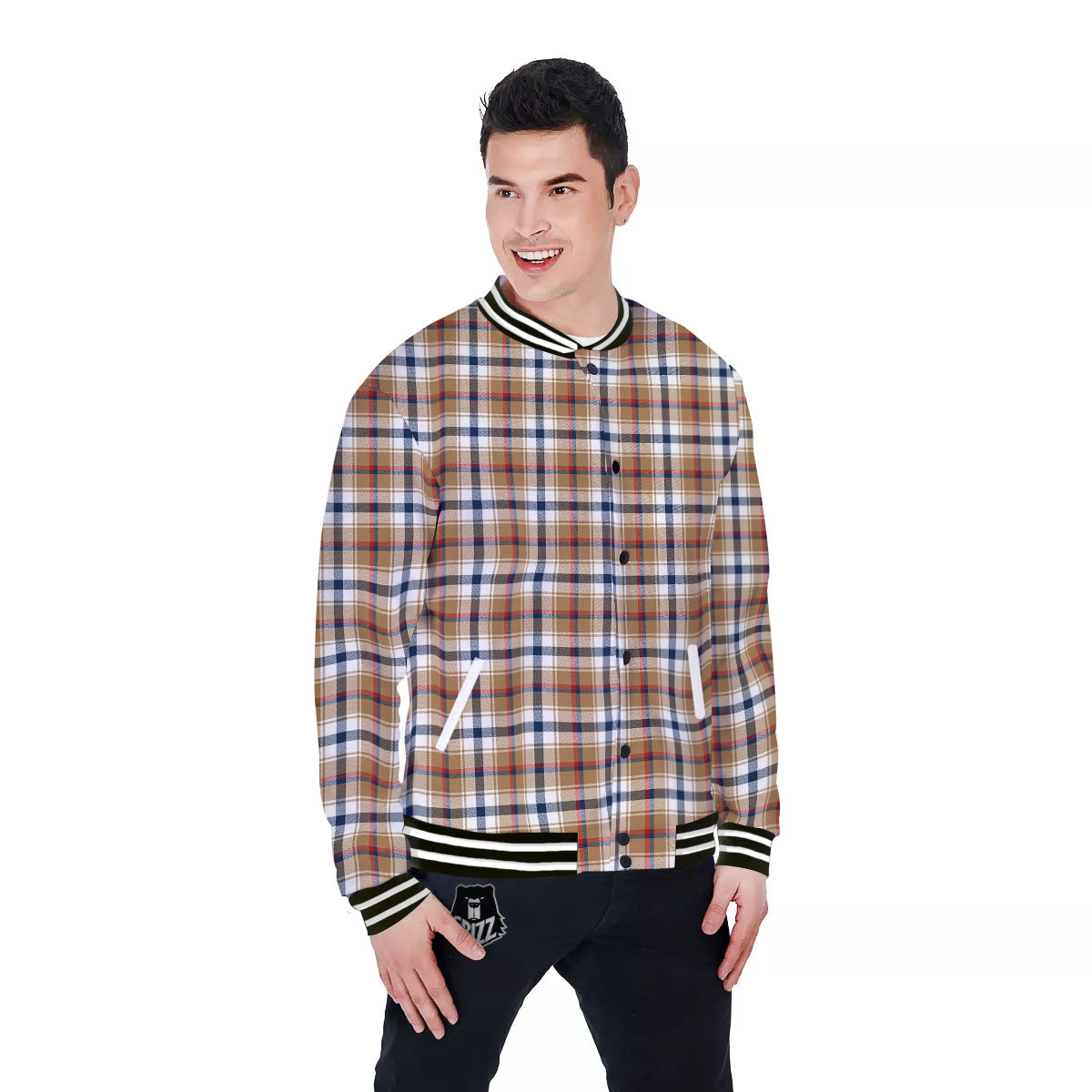 Madras Plaid Red Blue And Beige Print Baseball Jacket-grizzshop