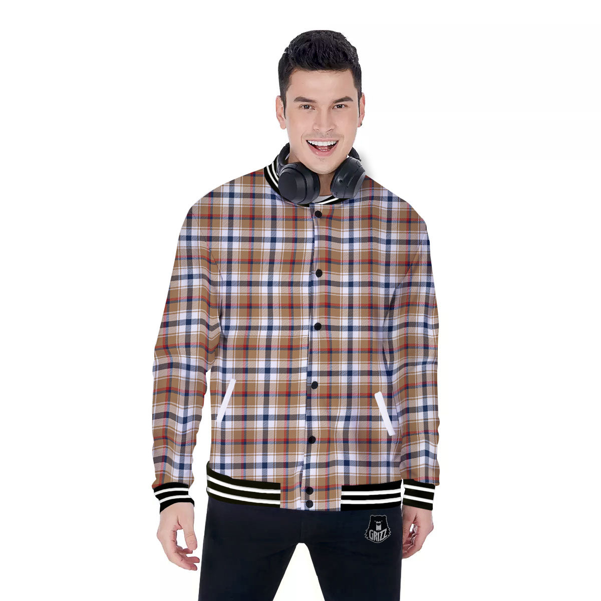 Madras Plaid Red Blue And Beige Print Baseball Jacket-grizzshop