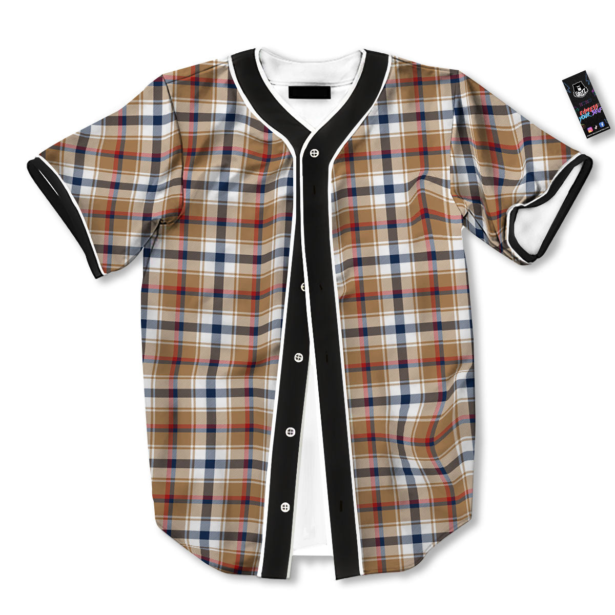 Madras Plaid Red Blue And Beige Print Baseball Jersey-grizzshop