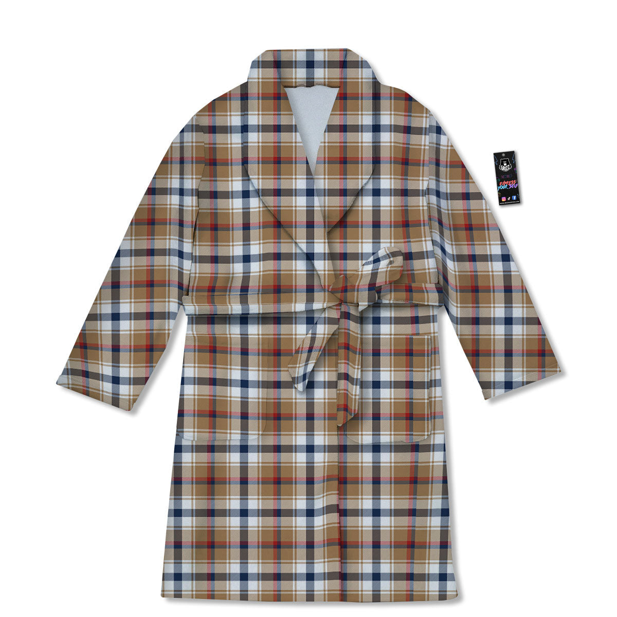 Madras Plaid Red Blue And Beige Print Bathrobe-grizzshop