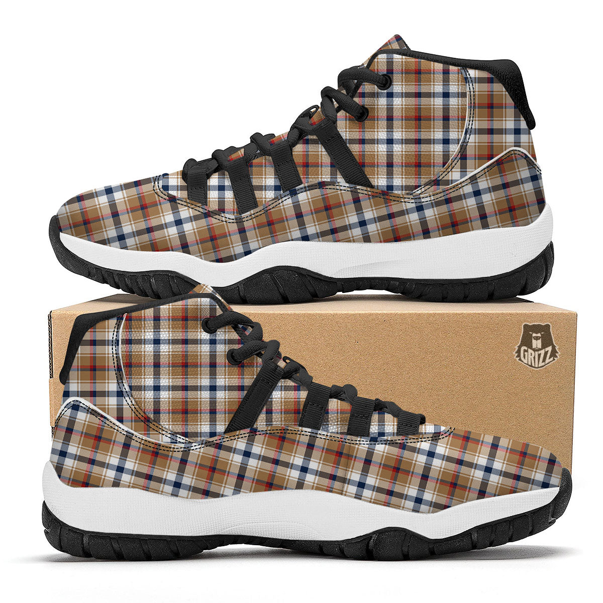 Madras Plaid Red Blue And Beige Print Black Bball Shoes-grizzshop