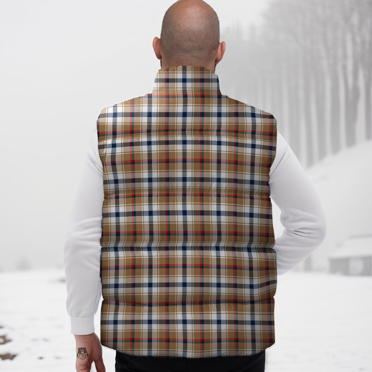 Madras Plaid Red Blue And Beige Print Down Vest