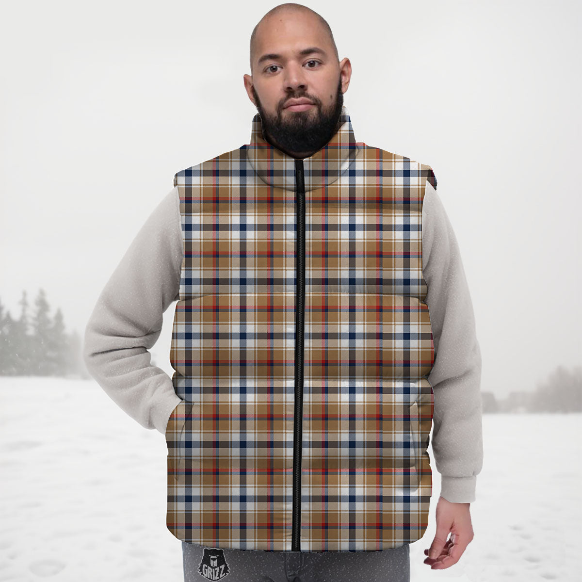 Madras Plaid Red Blue And Beige Print Down Vest