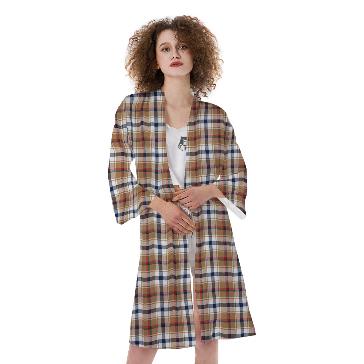 Madras Plaid Red Blue And Beige Print Kimono-grizzshop
