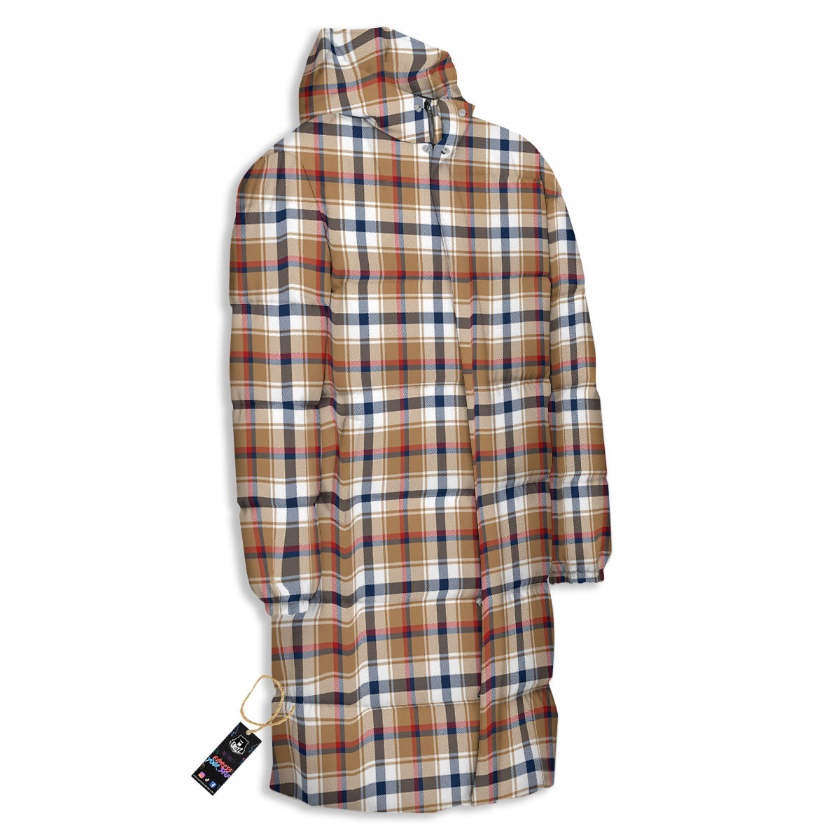 Madras Plaid Red Blue And Beige Print Long Down Jacket-grizzshop