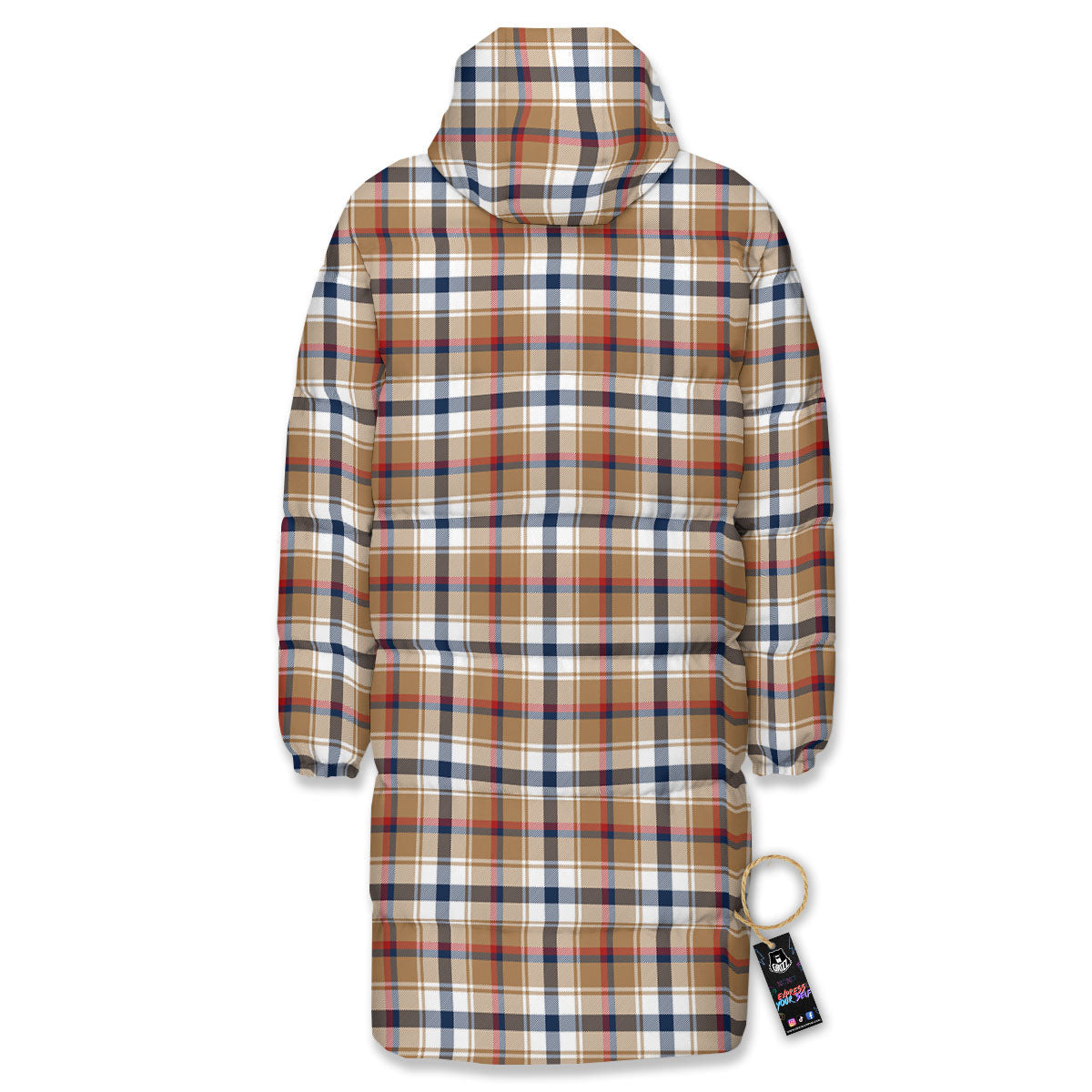 Madras Plaid Red Blue And Beige Print Long Down Jacket-grizzshop