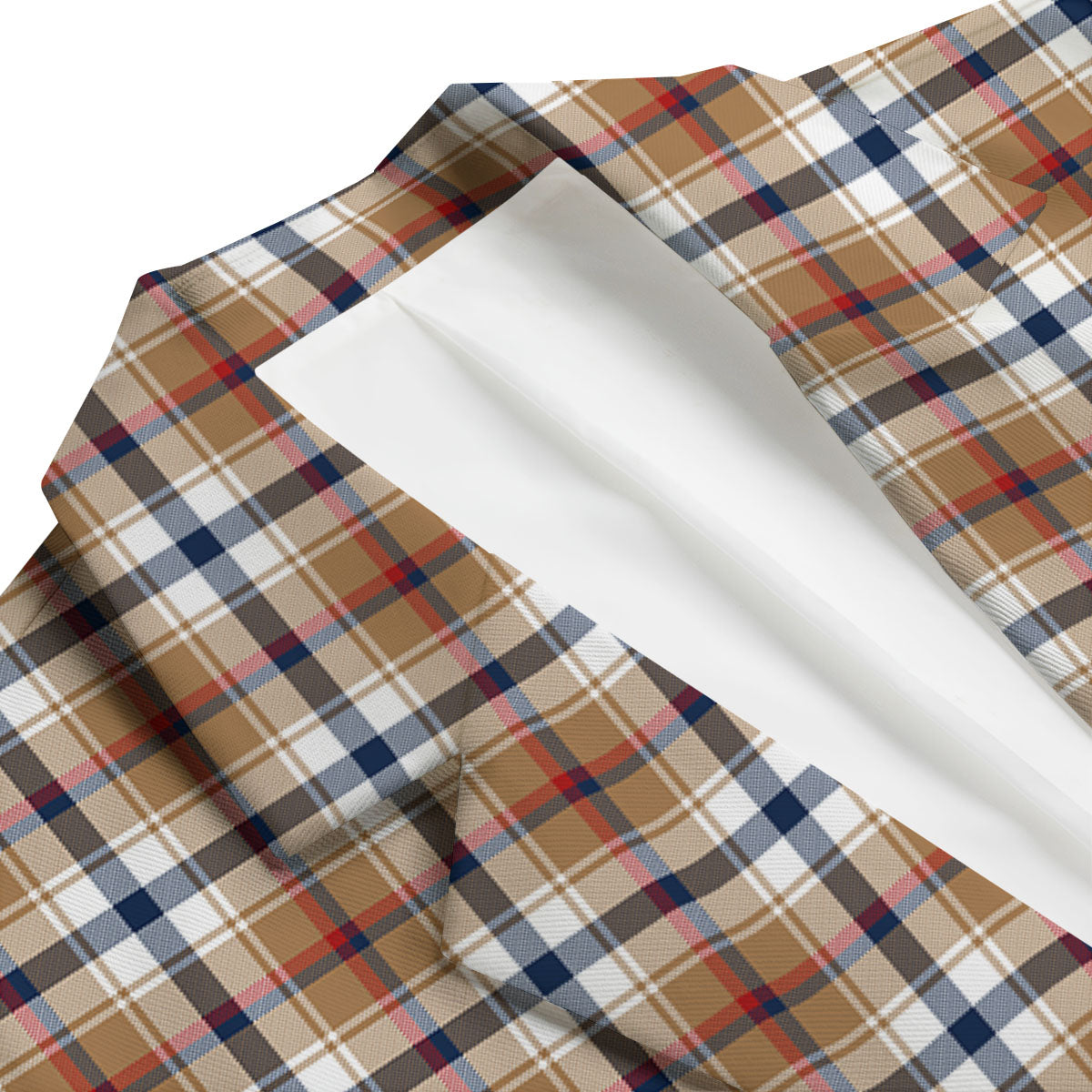 Madras Plaid Red Blue And Beige Print Men's Blazer-grizzshop