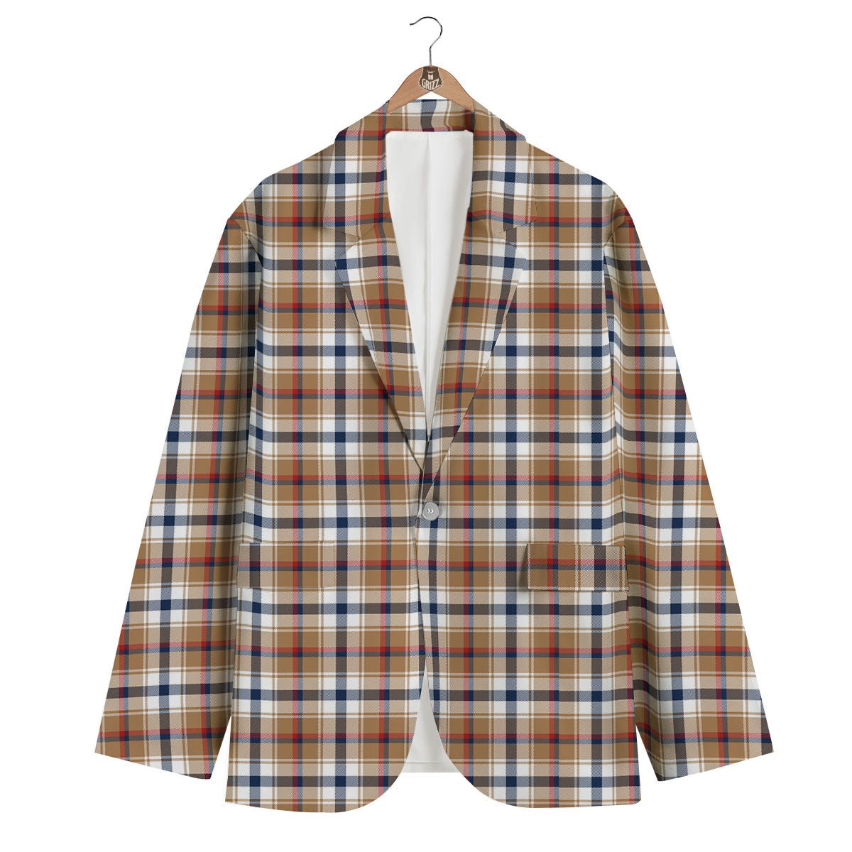 Madras Plaid Red Blue And Beige Print Men's Blazer-grizzshop