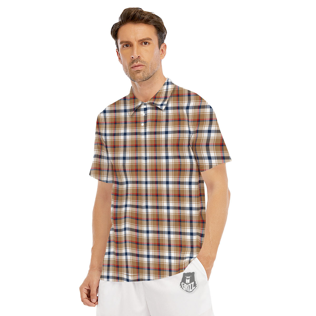 Madras Plaid Red Blue And Beige Print Men's Golf Shirts-grizzshop