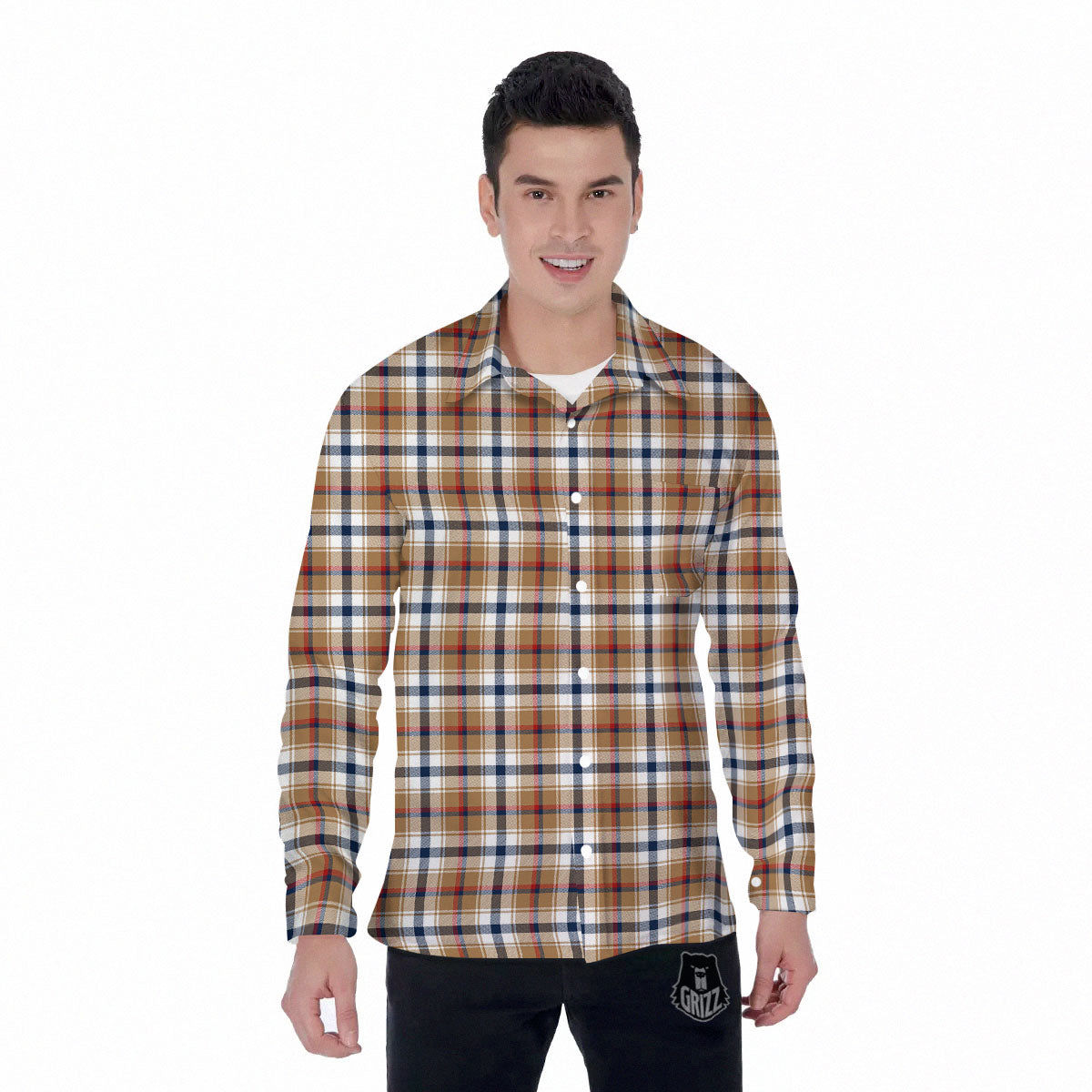 Madras Plaid Red Blue And Beige Print Men's Long Sleeve Shirts-grizzshop