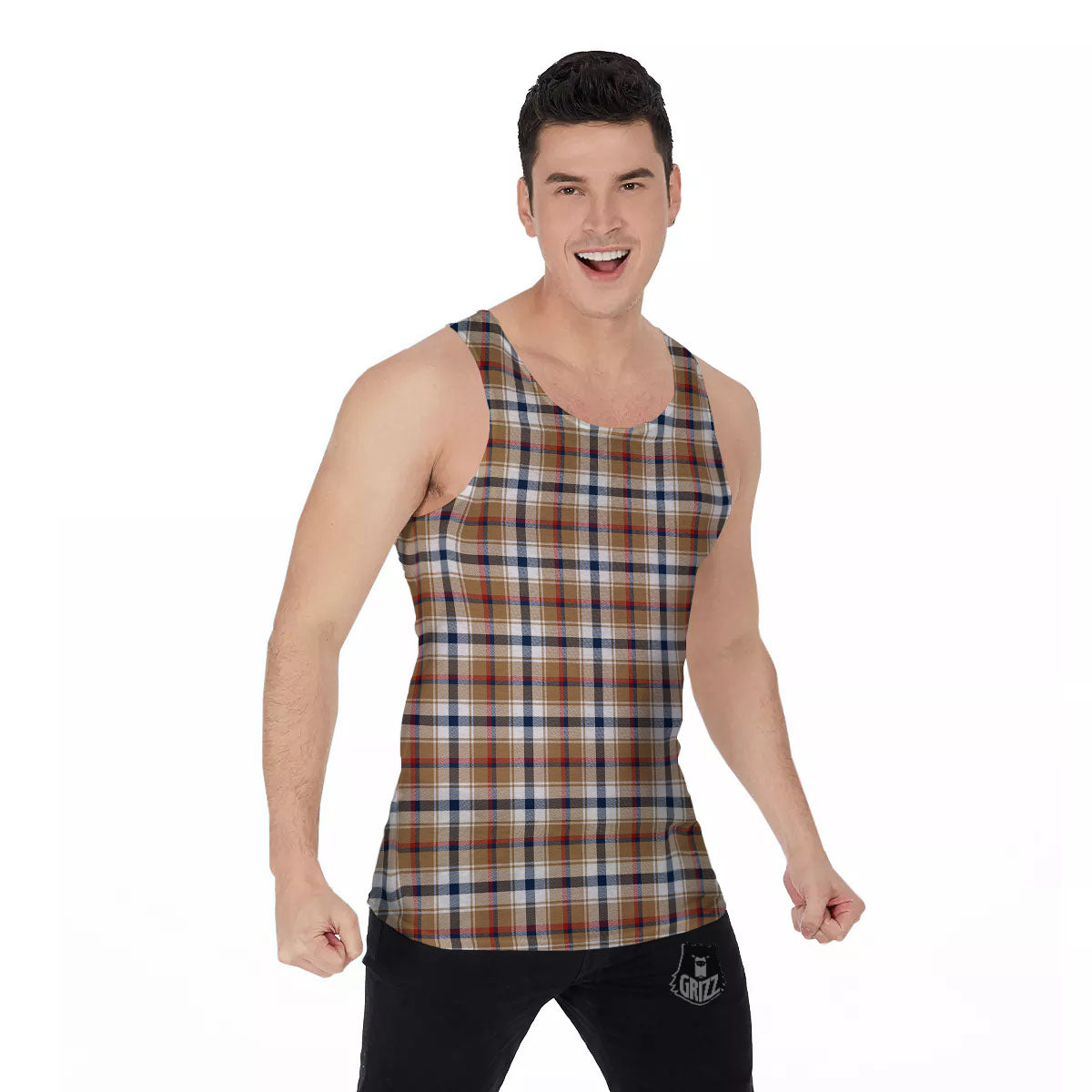 Madras Plaid Red Blue And Beige Print Men's Tank Top-grizzshop