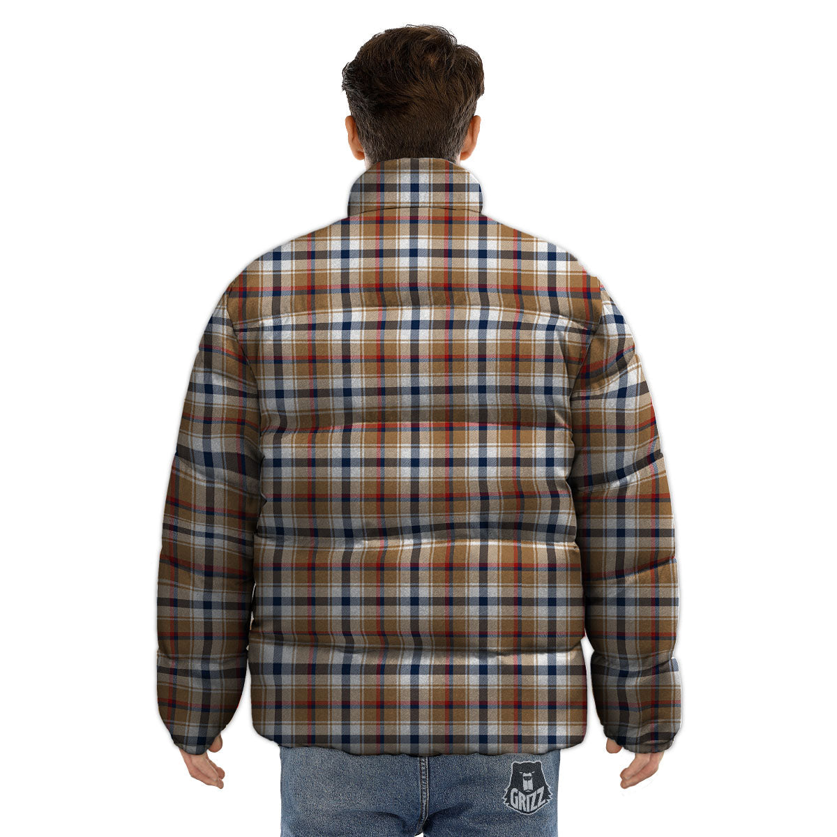 Madras Plaid Red Blue And Beige Print Puffer Jacket-grizzshop