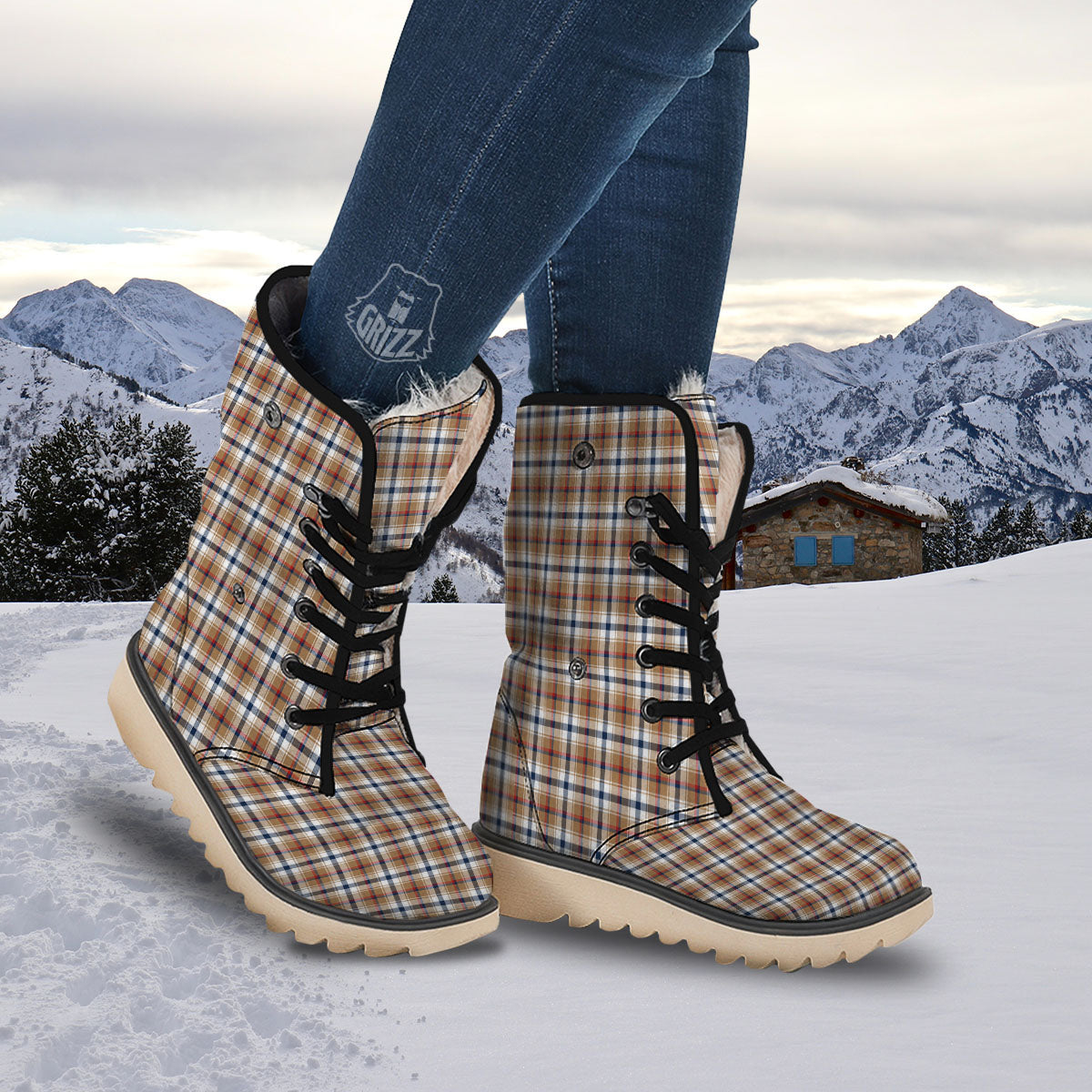 Madras Plaid Red Blue And Beige Print Snow Boots-grizzshop
