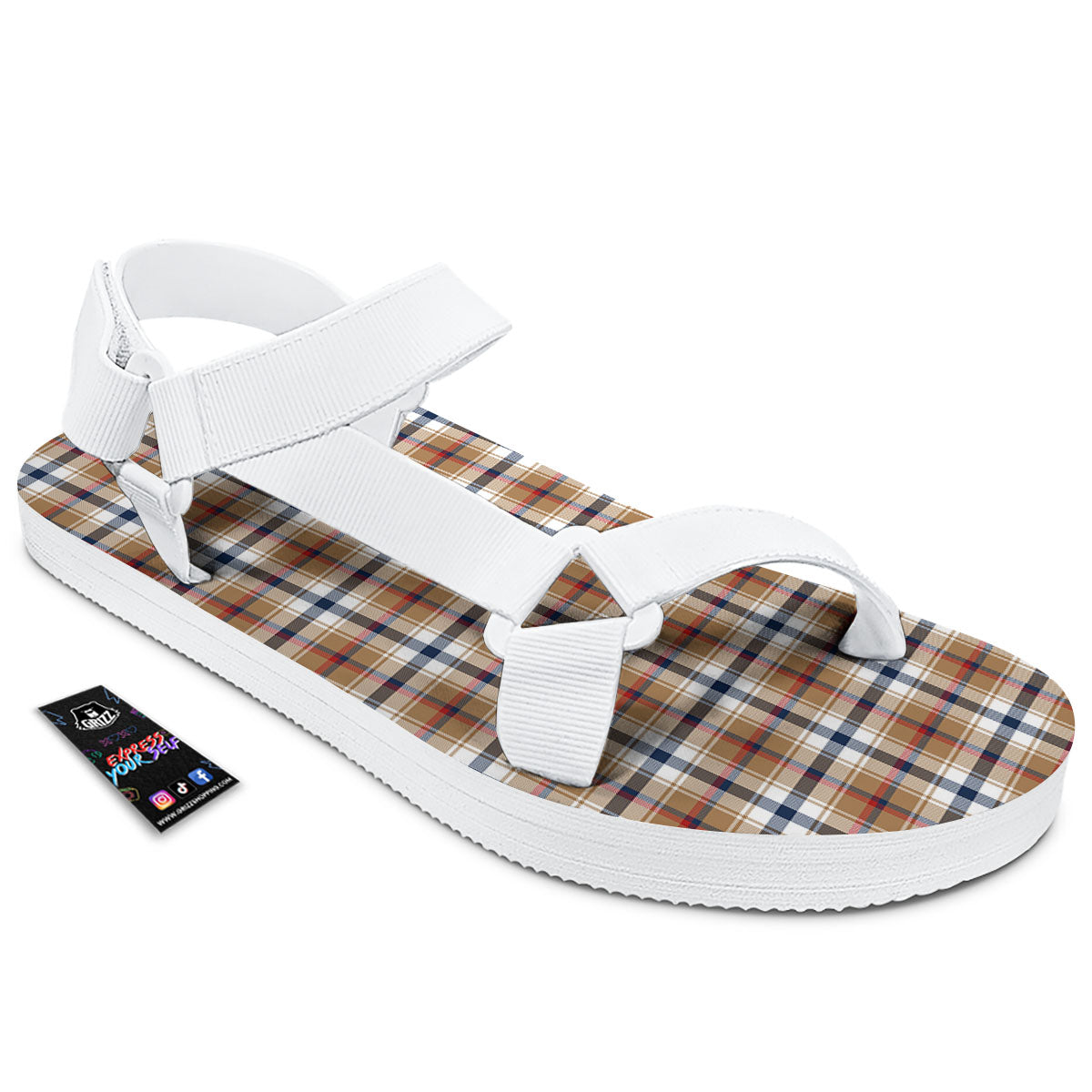 Madras Plaid Red Blue And Beige Print White Open Toe Sandals-grizzshop