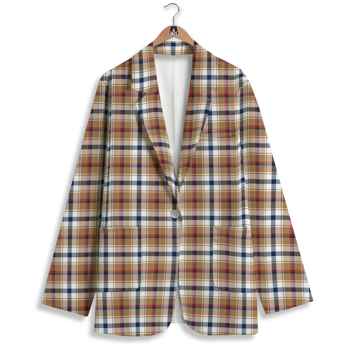 Madras Plaid Red Blue And Beige Print Women's Blazer-grizzshop