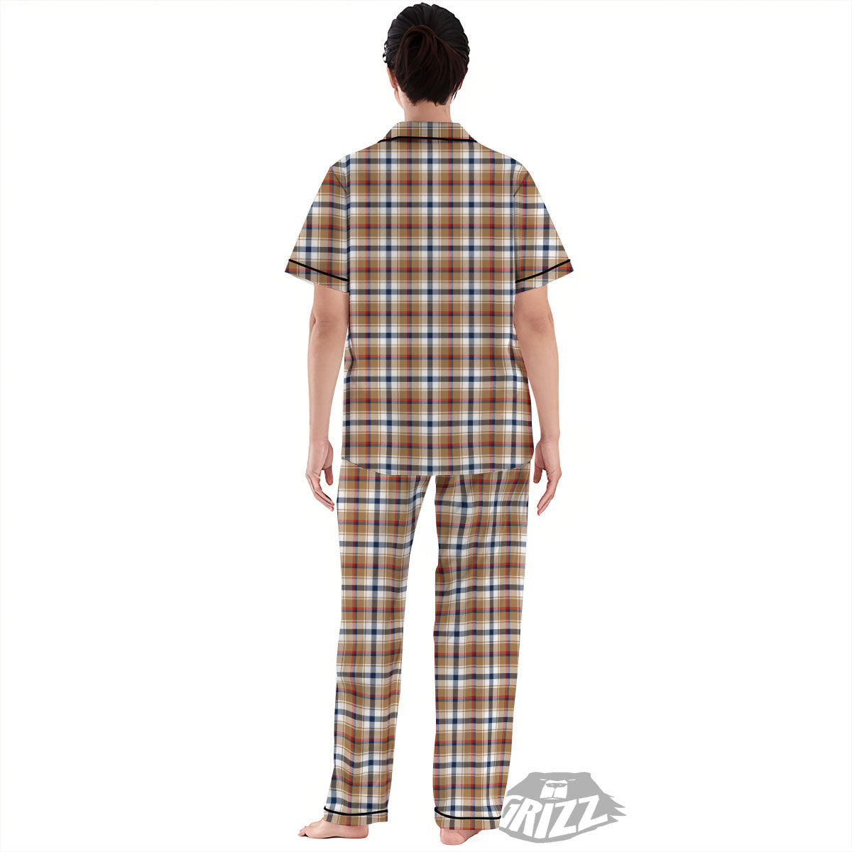 Madras Plaid Red Blue And Beige Print Women's Pajamas Set-grizzshop