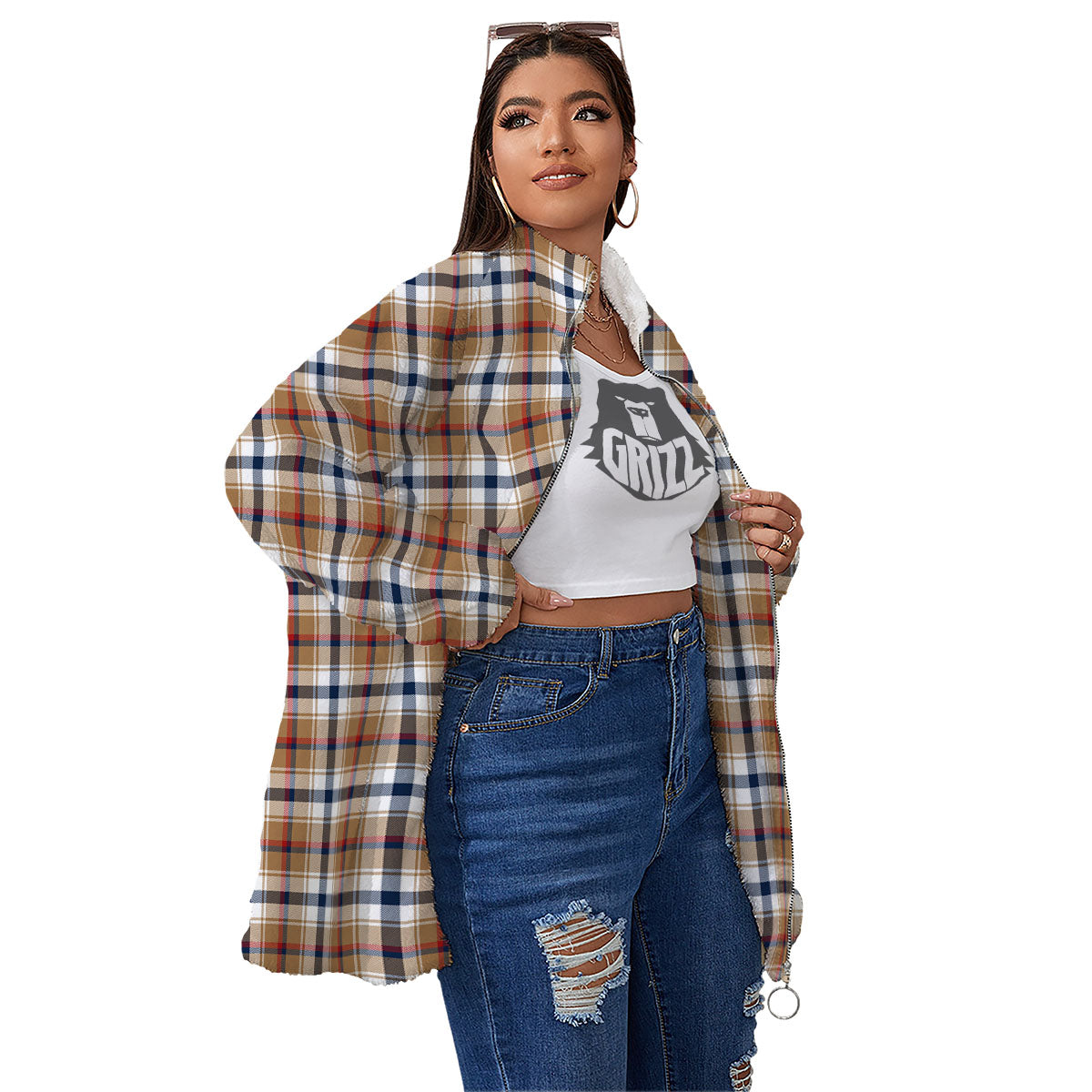 Madras Plaid Red Blue And Beige Print Women's Sherpa Jacket-grizzshop