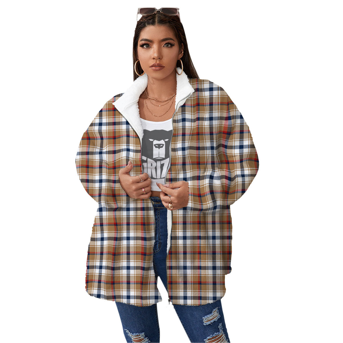 Madras Plaid Red Blue And Beige Print Women's Sherpa Jacket-grizzshop