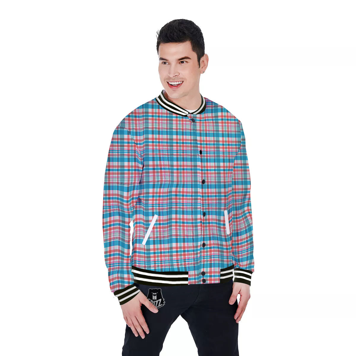 Madras Red And Blue Print Pattern Baseball Jacket-grizzshop