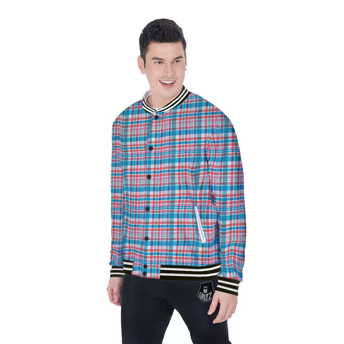 Madras Red And Blue Print Pattern Baseball Jacket-grizzshop