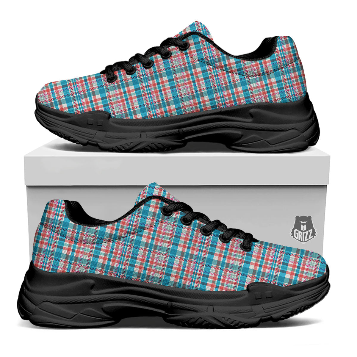 Madras Red And Blue Print Pattern Black Chunky Shoes-grizzshop