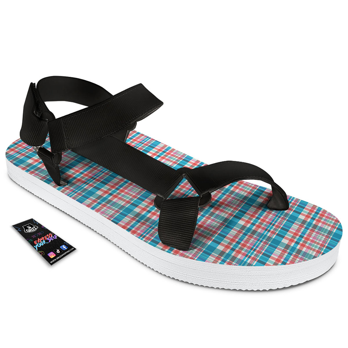 Madras Red And Blue Print Pattern Black Open Toe Sandals-grizzshop
