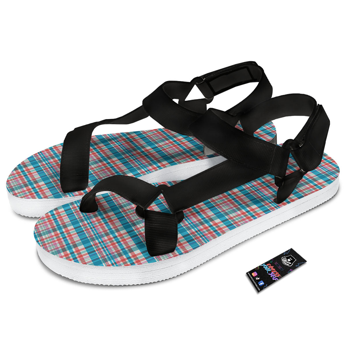 Madras Red And Blue Print Pattern Black Open Toe Sandals-grizzshop