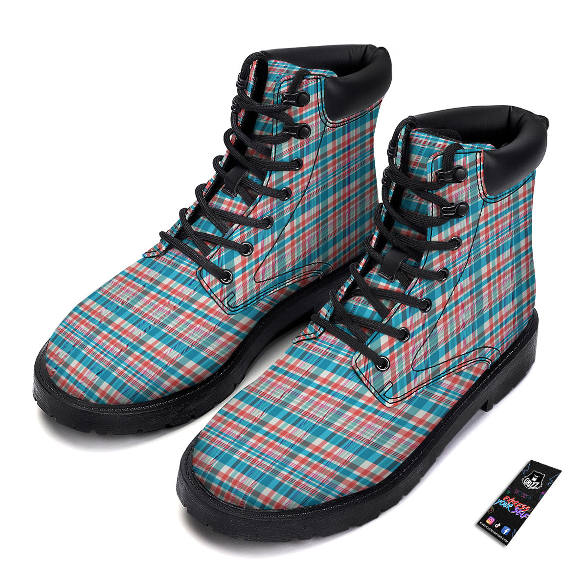 Madras Red And Blue Print Pattern Boots-grizzshop