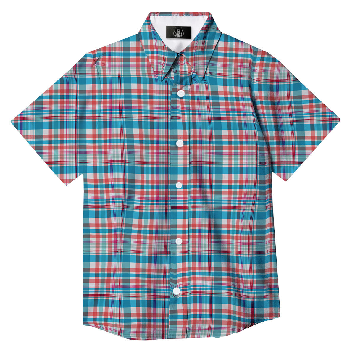 Madras Red And Blue Print Pattern Button Up Shirt-grizzshop