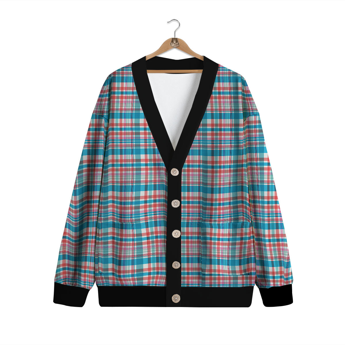 Madras Red And Blue Print Pattern Cardigan-grizzshop